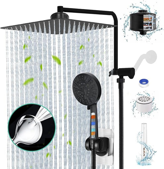 Matte Black Shower Head with Filters 12" Rain Shower Head with Handheld Spray Dual Shower Filter Head for Hard Water, Showerhead Combo with 10 Setting Handheld Built-in 2 Power Wash, Extra Cartridges