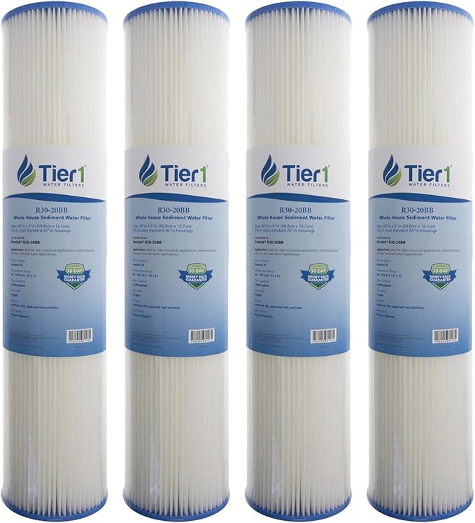 Tier1 30 Micron 20x4.5 Water Filter | Whole House Sediment Water Filter | Pleated Polyester Cartridge | Replacement for Pentek R30-20BB, 155430-43, SPC-45-2030 | High-Flow 4.5 x 20 Water Filter (4pk)