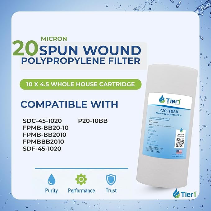 Tier1 20 Micron 10 x 4.5 Water Filter | Spun Wound Polypropylene Whole House Sediment Water Filter Cartridge | Replacement for SDC-45-1020, FPMB-BB20-10, P20-10BB | 4.5 x 10 Water Filter (6-Pack)