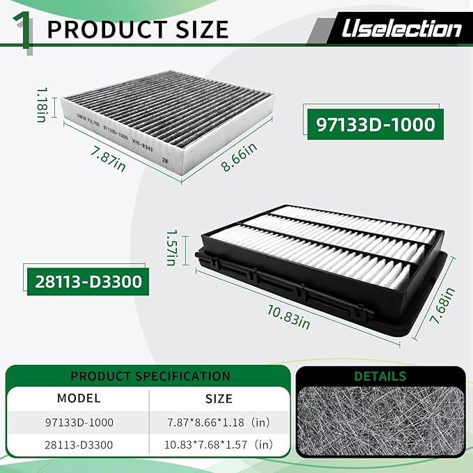 Cabin Engine Air Filter with Activated Carbon Kit for Hyundai Tucson (2016-2021) for Kia Sportage (2017-2022) Replaces 28113-D3300 97133-D1000