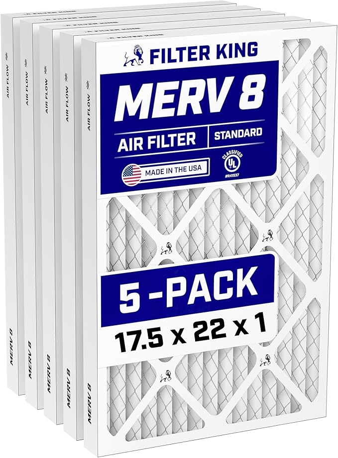 Filter King 17.5x22x1 Air Filter (MERV 8) (5-Pack) Dust & Allergy Control AC Furnace Filters, MADE IN USA, HVAC, Pleated, Electrostatic (Actual Size: 17.5 x 22 x .75)