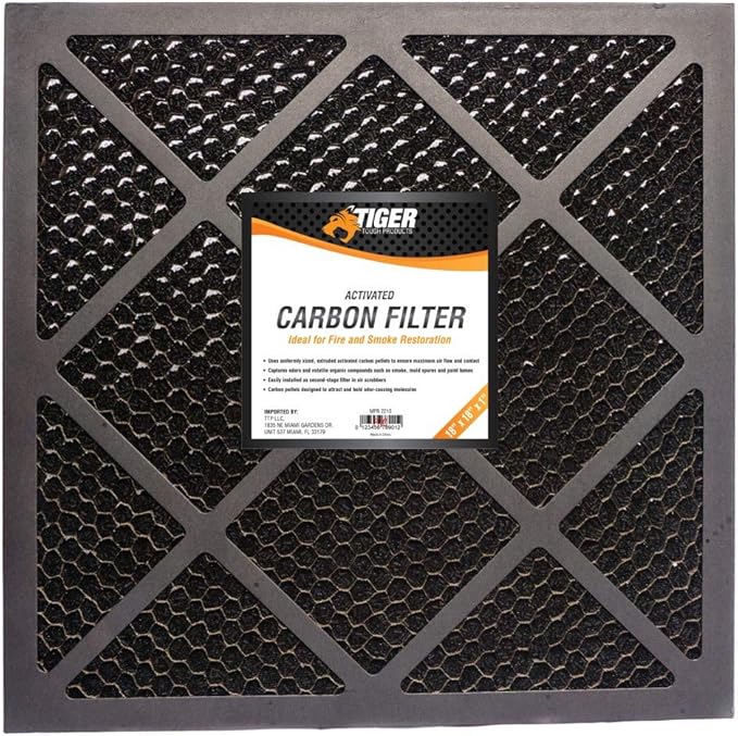 Tiger Tough Replacement Carbon Media Pad (4, 18x18x1) – Mechanical Activated Carbon Filter Compatible with Industrial Air Scrubber Units