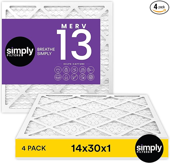 Simply 14x30x1 Air Filter, Merv 13, 4 Pack, For Home AC Furnace & HVAC (Actual Size: 13.75"x29.75"x0.75") DUST, Pet, & Allergy Control
