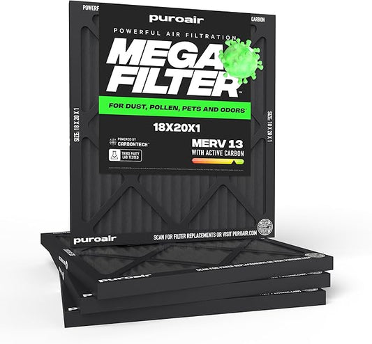 PuroAir MegaFilter - 18x20x1 Air Filter MERV 13 Activated CarbonTech Defense - Heavy Duty 3 Layer Furnace Filters Allergens, Pollen, Dust, Pet Dander, Smoke, Odors - HVAC Air Filter 18x20x1 (4-Pack)