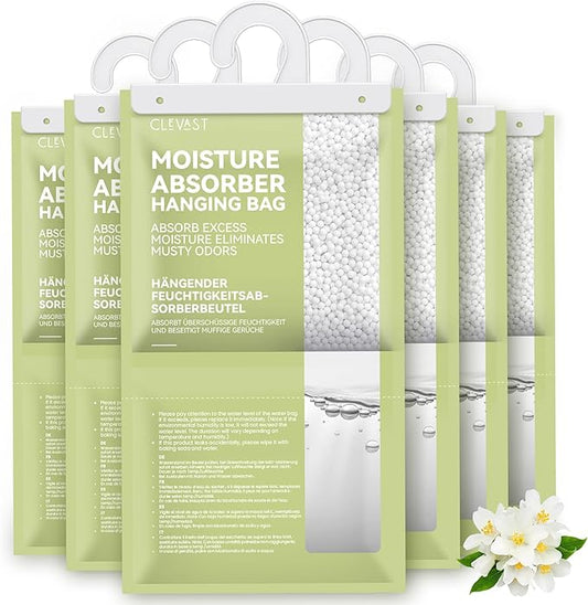 CLEVAST Moisture Absorbers Packets - 15.2 OZ, 6 Pack Large Dehumidifier Bags for Closet, Hanging Humidity Absorber in Wardrobes, Bedrooms, Bathrooms - Jasmine Scented