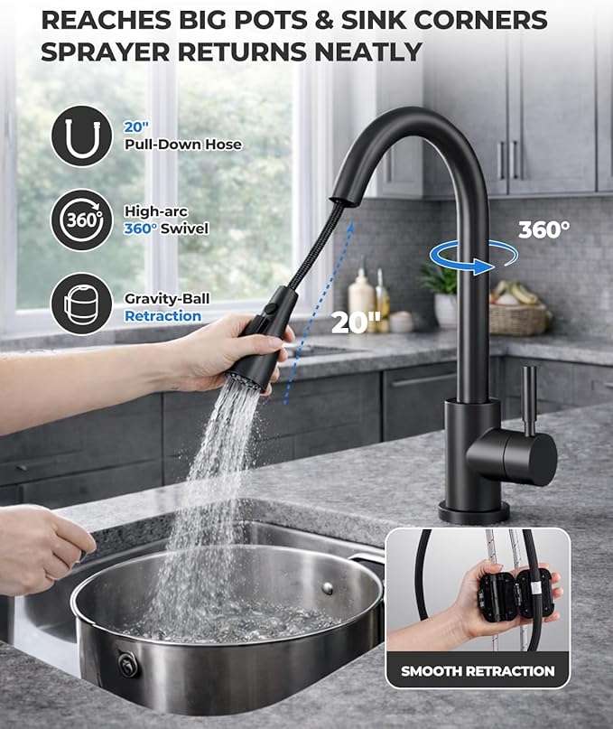 WEWE Kitchen Faucets with Pull Down Sprayer, Stainless Steel Single Handle 1 Hole for Family Kitchen Commercial Camper Laundry Rv Bar, Matte Black