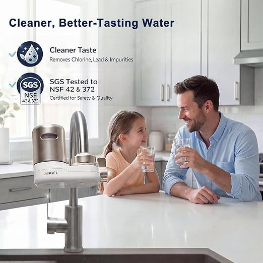 ANGEL CF30 Water Filter for Sink Faucet, Faucet Mount Water Filtration System, Reduces 98% Chlorine, Lead & Rust, SGS Tested, Easy Install, 350 Gallons Long-Lasting for Kitchen & Bathroom (Rose Gold)