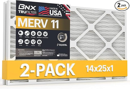 BNX 14x25x1 MERV 11 Air Filter 2 Pack - MADE IN USA - Electrostatic Pleated Air Conditioner HVAC AC Furnace Filters - Removes Dust, Mold, Pollen, Lint, Pet Dander, Smoke, Smog