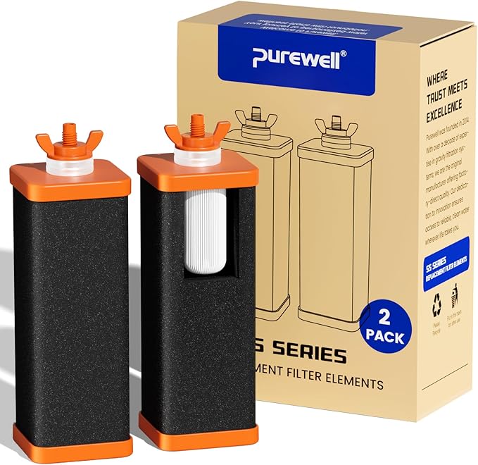 Purewell PF-6-FL Black 4-Stage Composite Fluoride and Carbon Reduction Filters, Compatible with Berkey® Big+, ProOne® Big+ Gravity Water Filter Systems and Purewell Systems (2 Pack, SS Series)