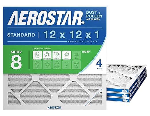 Aerostar 12x12x1 MERV 8 Air Filter, 4 Count, ACTUAL SIZE (11.75 x 11.75 x 0.75), HVAC, Air Conditioning & Furnace Filter Captures Dust, Lint & Pollen (MPR 600 / FPR 5), Made in USA