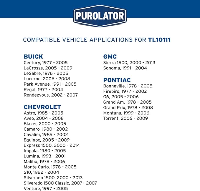 Purolator TL10111 PurolatorTECH Spin On Oil Filter Compatible With Chevrolet S10, Silverado 1500, Malibu, Impala, Buick LeSabre, Century, LaCrosse and Pontiac Grand Prix
