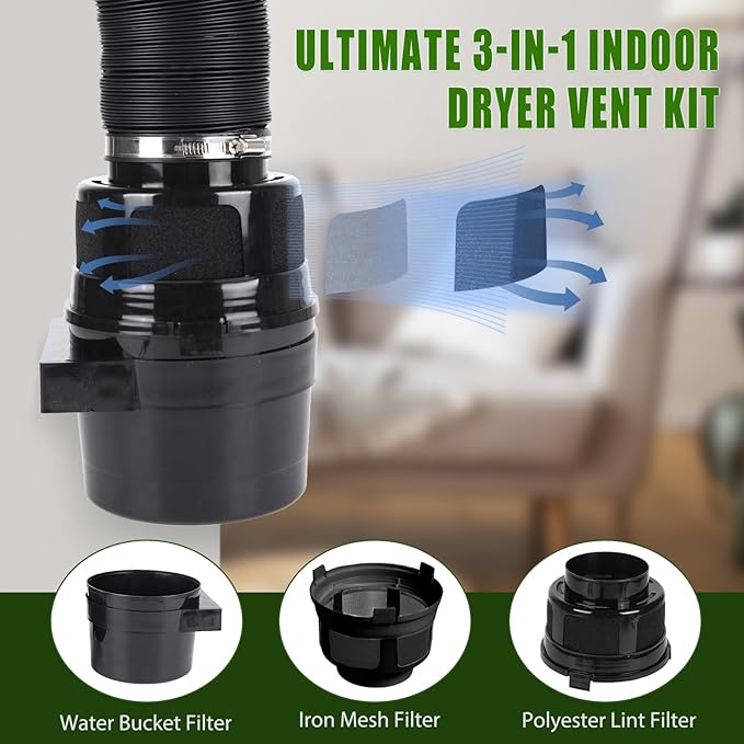 Upgraded Version - VIWINVELA 3 IN 1 Indoor Dryer Vent Kit with Lint Trap Dryer Lint Catcher Water Filter Bucket for Electric Dryer (Black Dryer Vent Bucket with Black Hose)