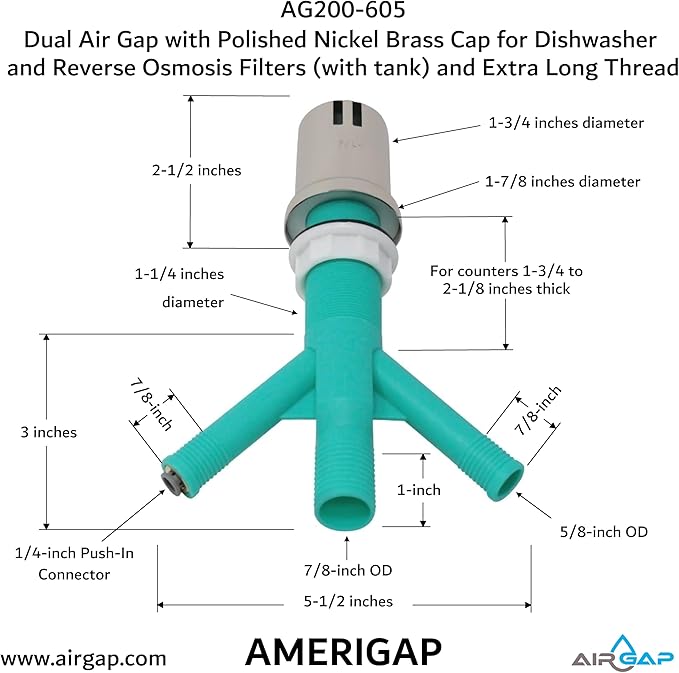 Dual Air Gap with Polished Nickel Brass Cap for Dishwasher and Reverse Osmosis Filters (with tank) and Extra Long Thread (AG200-605, AG200-X05, AMERIGAP)
