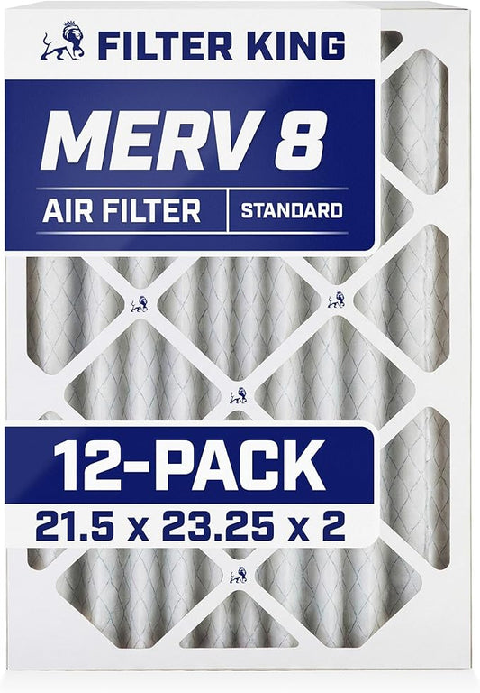 Filter King 21.5x23.25x2 Air Filter (MERV 8) (12-Pack) Dust & Allergy Control AC Furnace Filters, MADE IN USA, HVAC, Pleated, Electrostatic (Actual Size: 21.5 x 23.25 x 1.75)