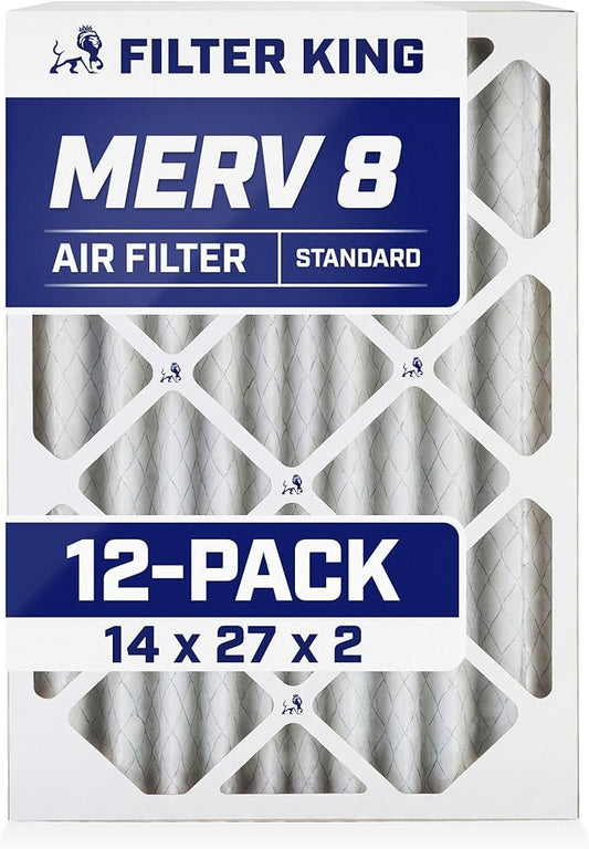 Filter King 14x27x2 Air Filter (MERV 8) (12-Pack) Dust & Allergy Control AC Furnace Filters, MADE IN USA, HVAC, Pleated, Electrostatic (Actual Size: 14 x 27 x 1.75)