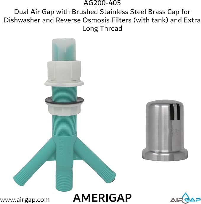 Dual Air Gap with Brushed Stainless Steel Brass Cap for Dishwasher and Reverse Osmosis Filters (with tank) and Extra Long Thread (AG200-405, AG200-X05, AMERIGAP)