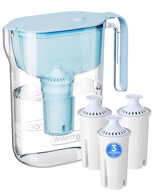 Waterdrop Alkaline Water Filter Pitcher with 3 Replacement Filters, Can Work with Brita® Water Pitchers & Filters, Smooth-Tasting Water, Increases PH, Reduces Chlorine, Up to 6 Months, 7-Cup, Blue
