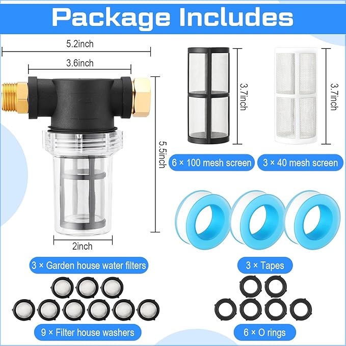 Retisee Washing Machine Water Filter Water Hose Filter Sediment Filter Inline Water Filter for Hose Garden Hose Filter Pressure Washer Filter with 40 Mesh 100 Mesh Screen(3 Sets)