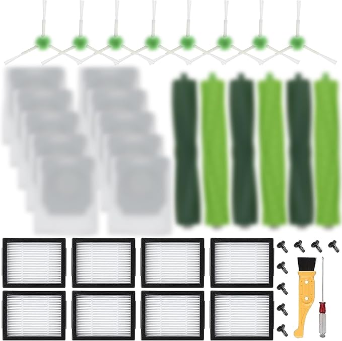 29 Pack Compatible with E/i/j Series Replacement Parts, E5 E6 E7 i2 i3 i3+i4 i4+ i6 i6+ i7 i7+ i8 i8+/Plus, 3 sets of multi-surface rubber roller brush 8 filters 8 side brushes 10 bags