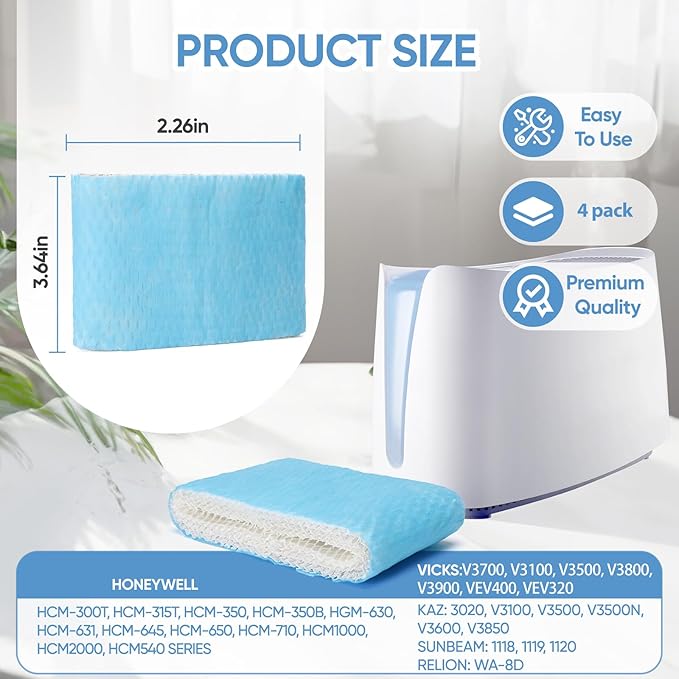 4 Pack HAC-504 Humidifier Wicking Filter Replacement Compatible with Honeywell HCM-350,HCM-300T, HCM-600, HCM-710, HCM-315T,HAC-504 and HAC-504AW Cool Mist Humidifiers Blue