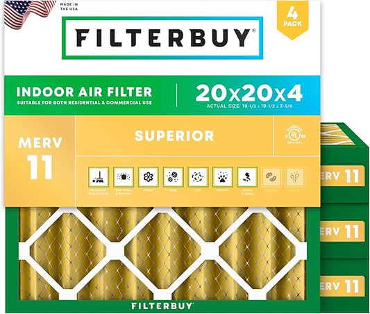 Filterbuy 20x20x4 Air Filter MERV 11 Superior Pet & Allergy Defense (4-Pack), Electrostatic Pleated HVAC AC Furnace Filters Replacement (Actual Size: 19.50 x 19.50 x 3.63)