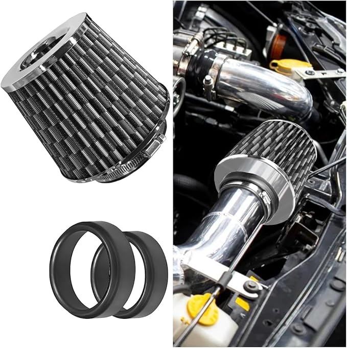 Universal Clamp-On Air Intake Filter, High Flow Closed-Top Cool Air Filter Cleaner, 76 89 102MM Performance Round Tapered Cone Air Filters, Washable Replacement Filter for Car Truck (Carbon Fiber)