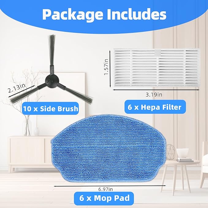 Replacement Parts for MAMNV BR151, for ZCWA BR151, for Kilgone G20, for MANVINS G20, for XIEBro Life BR151, for iMartine BR151, for ONSON BR151, for MANVN BR151,10 Side Brush, 6 HEPA Filter, 6 Mop Pad