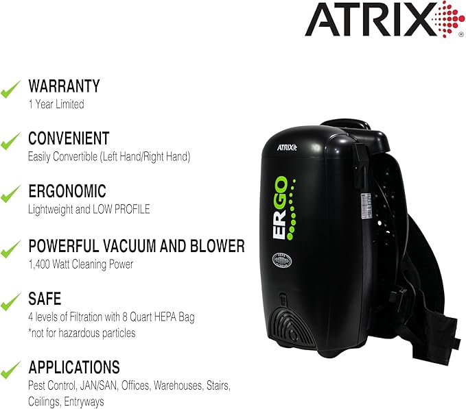 Atrix VACBP10 Ergonomic Backpack Vacuum Cleaner, Premium Bundle with 10 Filters - 8-Quart HEPA Filter, 1400W Portable Small Vacuum for Mixed-Use - Including: 6' Hose, Blower Nozzles, Wand, Brushes