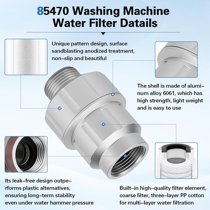 Upgraded 85470 Washing Machine Water Filter(with Replacement Filter),Micron Down Sediment Filter,85470 inline Filter Head Compatible with Most Standard Washers,Made of Aluminum Alloy