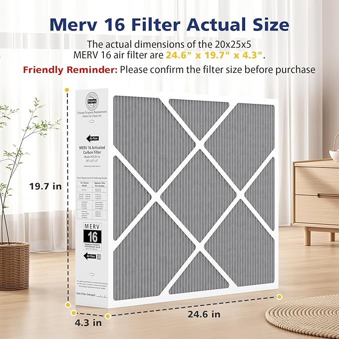 2 Pack 20x25x5 MERV 16 Air Filter, Compatible with Lennox HCC20-28 MERV 16 Furnace Filter for HVAC System, Part Number HCF20-16, HCF20-10