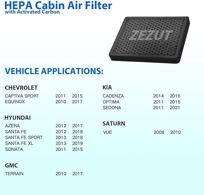 Cabin Air Filter, for Chevy Captiva Sport, Equinox, Terrain, GMC Terrain, Hyundai Azera, Santa Fe, Sonata, Kia Cadenza, Optima, Sedona, Saturn Captiva Sport (CF11819)