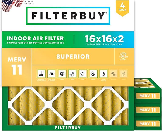Filterbuy 16x16x2 Air Filter MERV 11 Superior Pet & Allergy Defense (4-Pack), Electrostatic Pleated HVAC AC Furnace Filters Replacement (Actual Size: 15.50 x 15.50 x 1.75)