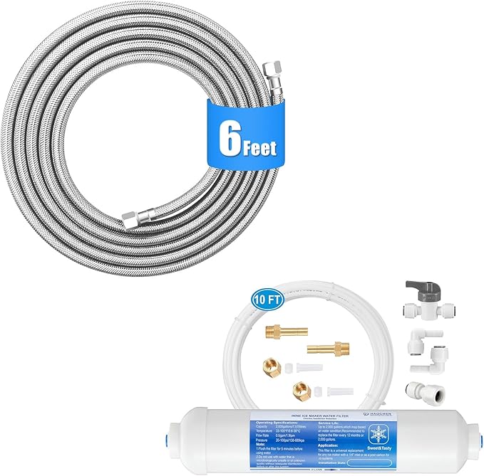 6 FT Premium Stainless Steel Braided Ice Maker Water Hose + Inline Water Filter Kit for Ice Maker and Refrigerator