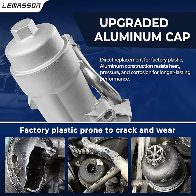 Upgrade Aluminum Engine Oil Cooler Filter Housing Assembly Adapter with Insert, Gasket, Cap Compatible with 2011-2021 Chevy Cruze Sonic Trax, Buick Encore 1.4L Turbo Replace 918-428 55566784 55565388