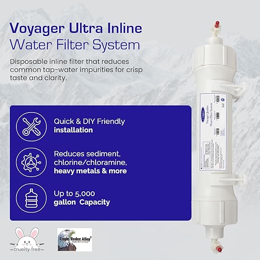 Crystal Quest Voyager Jumbo Inline Water Filter – 6-Stage Filtration, 5,000 Gallon Capacity, Fits 1/4" Tubing for Refrigerators, Ice Makers, Water Dispensers, Soda Makers & More