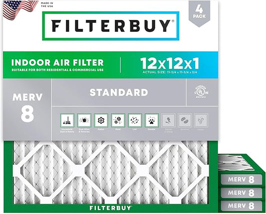Filterbuy 12x12x1 Air Filter MERV 8 Essential Dust & Allergy Defense (4-Pack), Electrostatic Pleated HVAC AC Furnace Filters Replacement (Actual Size: 11.75 x 11.75 x 0.75)