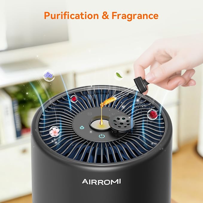 AIRROMI Pets Air Purifier for Home Allergies,Up to 660 ft².HEPA Deodorizing Activated Carbon Filter,With Fragrance Sponge for Better Sleep,Night Light,Pet Dander,Smoke,Odors,Air Cleaner A2002 Black