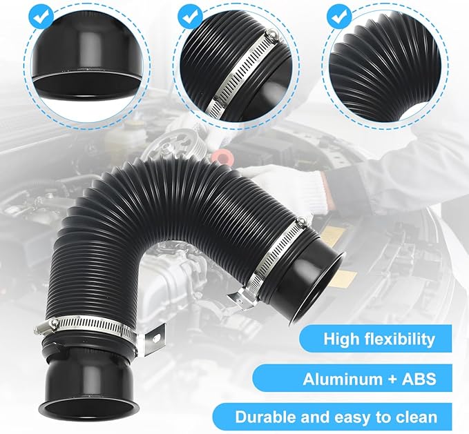 Car 3" Turbine Intake Pipe, 76mm Adjustable Flexible Vehicle Cold Air Turbo Inlet Tube Hose Filter, Automotive Fresh Air Duct Intake Pipe, Universal for Truck SUV Sedan (Black)