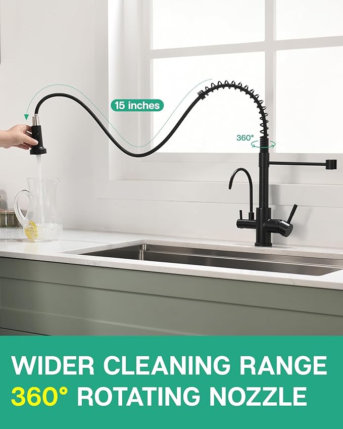 GIMILI 3 in 1 Kitchen Faucet with Pull Down Sprayer Matte Black Two Handle Kitchen Sink Faucet with Under Sink Water Filter System Reduces PFAS, PFOA/PFOS, Lead, Chlorine, Bad Taste & Odor
