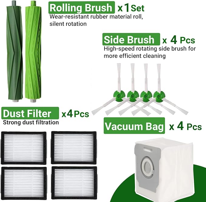 13 Pack Replacement for iRobot Roomba Replacement Parts, Rubber Roller Brushes for iRobot Roomba E & I & J Series Vacuum Cleaner - 1 Set Roller Brushes 4 HEAP Filters 4 Side Brushes 4 Bags