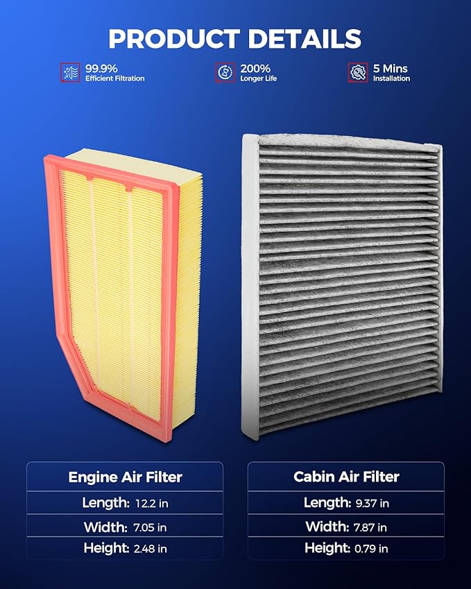KAX Engine & Cabin Air Filter Kit, Replacement for Jeep Wrangler 2018-2026 2.0/3.6L, Gladiator 2020-2025 3.6L, Replace# CA12373 CF12450