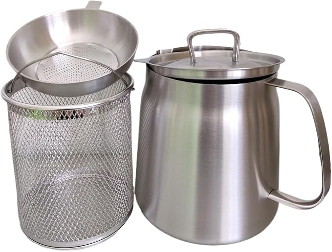 68oz Stainless Steel Oil Filter Pot with Removable Strainer – Bacon Grease Saver, Large Reusable Cooking Oil Container for Kitchen & Camping, Dishwasher-Safe Deep Fryer Basket (2L, Matte)