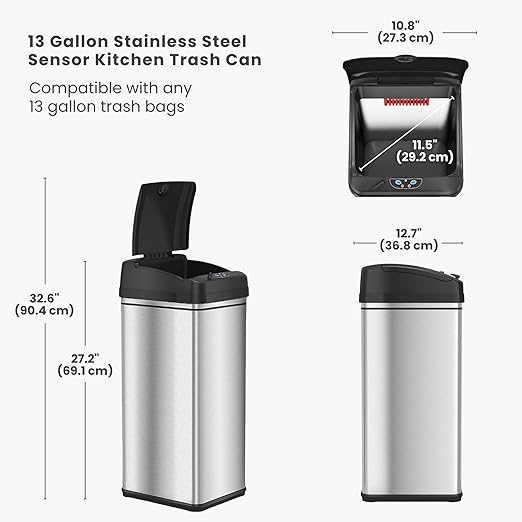 iTouchless 13 Gallon Automatic Sensor Kitchen Trash Can with AC Adapter, Deodorizer, and "Trash" Vinyl Sticker