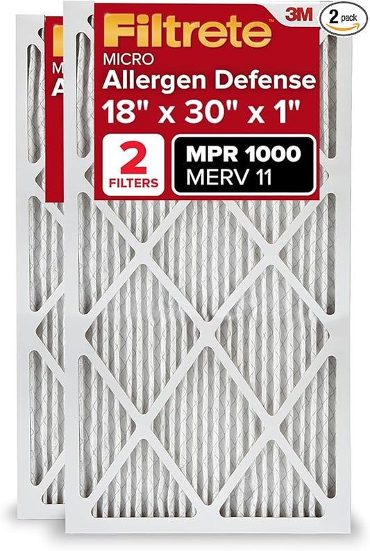 Filtrete 18x30x1 AC Furnace Air Filter, MERV 11, MPR 1000, Micro Allergen Defense, 3-Month Pleated 1-Inch Electrostatic Air Cleaning Filter, 2 Pack (Actual Size 17.81 x 29.81 x 0.81 in)