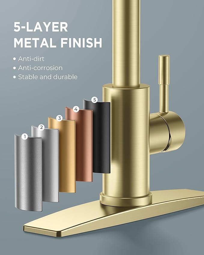 FORIOUS Gold Kitchen Faucet with Soap Dispenser, High Arc Modern Sink Faucet with Pull Down Sprayer and Deck Plate Fit for 1 or 3 Hole for Pot Filler Bar Farmhouse Laundry Rv, Brushed Gold