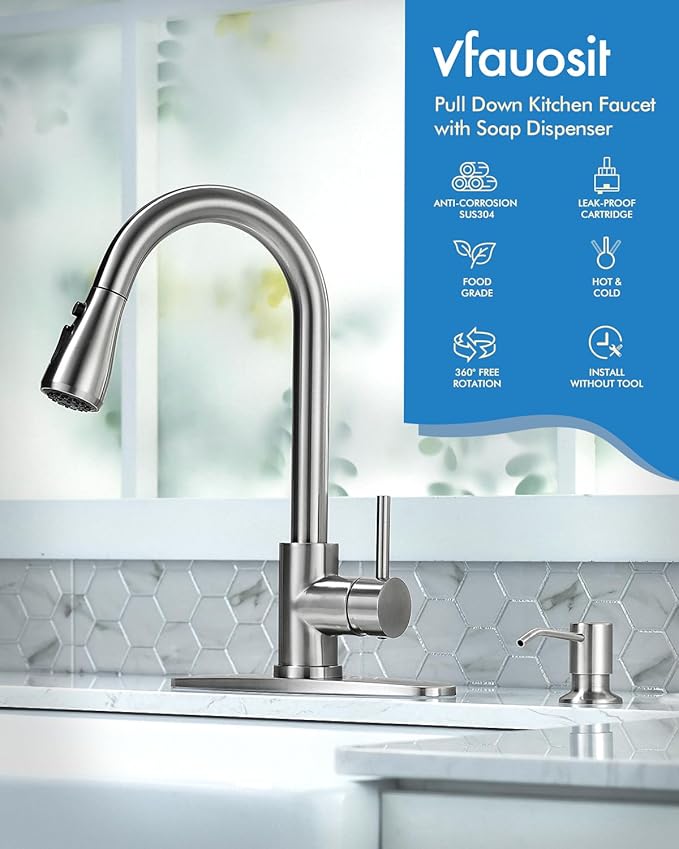 VFAUOSI RV Bath Faucets, Shower Faucet with Soap Dispenser for RV Sink, 3-Mode Kitchen Sink Faucet with Pull Down Sprayer Stainless Steel Single Handle Brushed Nickel