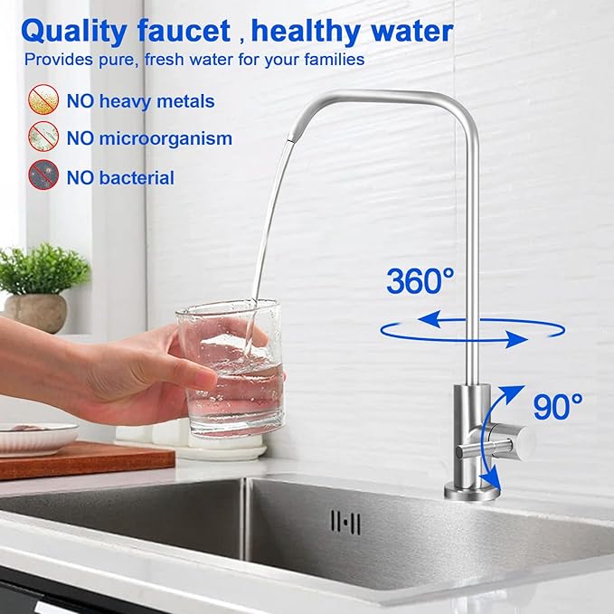 Drinking Water Faucet - Long Thread Stem Filtered Water Tap for Thick Countertop,Lead-Free RO Faucet with Hose and Push Connect Fittings(Brushed Stainless - "7" Shape)