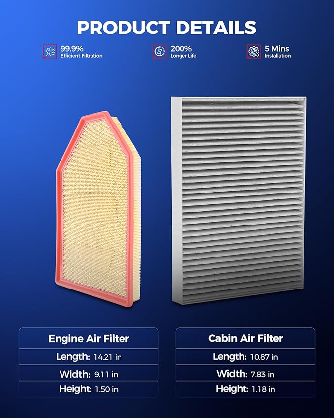 KAX Engine & Cabin Air Filter Kit, Replacement for Dodge Charger, Challenger 2011-2023 3.6L/6.4L/5.7L, Chrysler 300 2011-2023, Replace# CA11257 CF11668