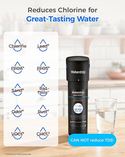 Waterdrop 10UB-B Under Sink Water Filter, Reduces PFAS, PFOA/PFOS, Lead, Chlorine, Bad Taste, NSF/ANSI 42 Certified, 11K Gallons, Easy Installation, Black Faucet