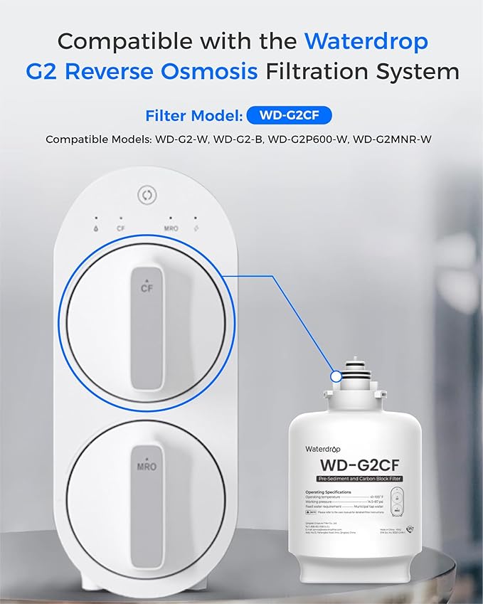 Waterdrop G2CF Filter, Replacement for G2 & G2P600 & G2MNR Reverse Osmosis System, 12-Month Lifetime